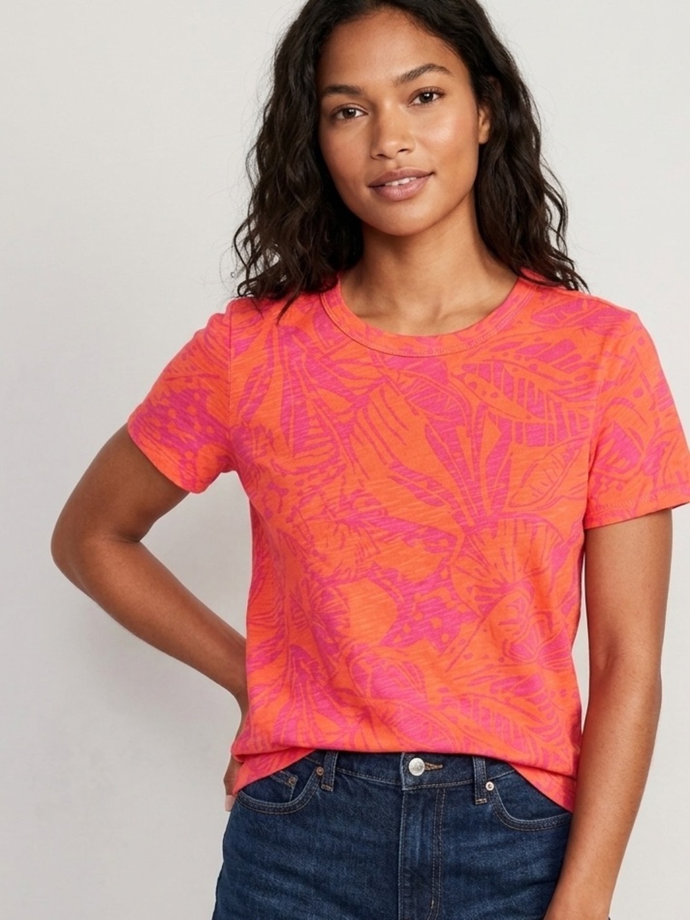Old Navy Pink and Orange Tropical Crewneck Tee